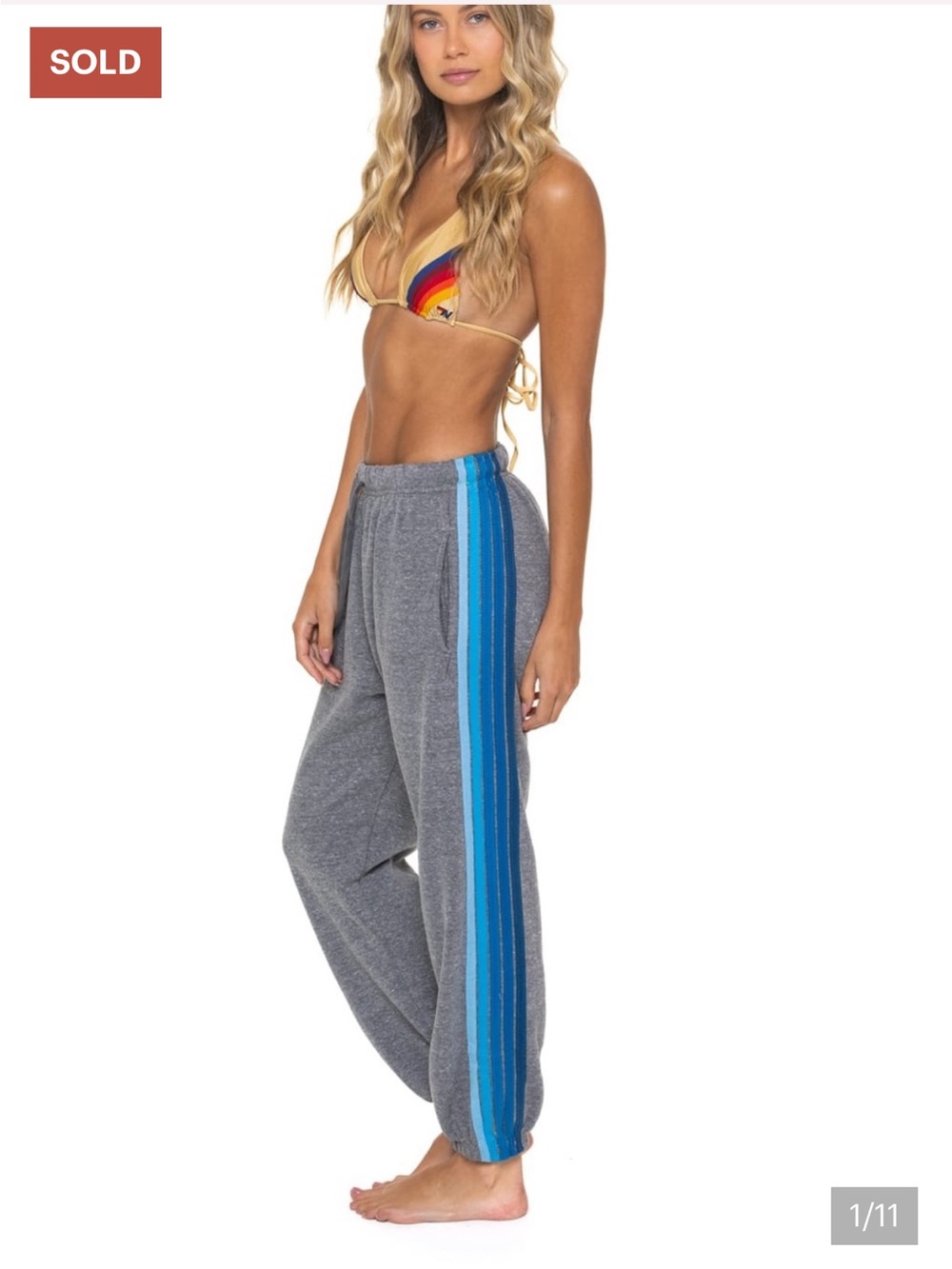 Aviator Nation 5 Stripe Sweatpants Gray Blue Size Medium Relaxed Fit Comfy